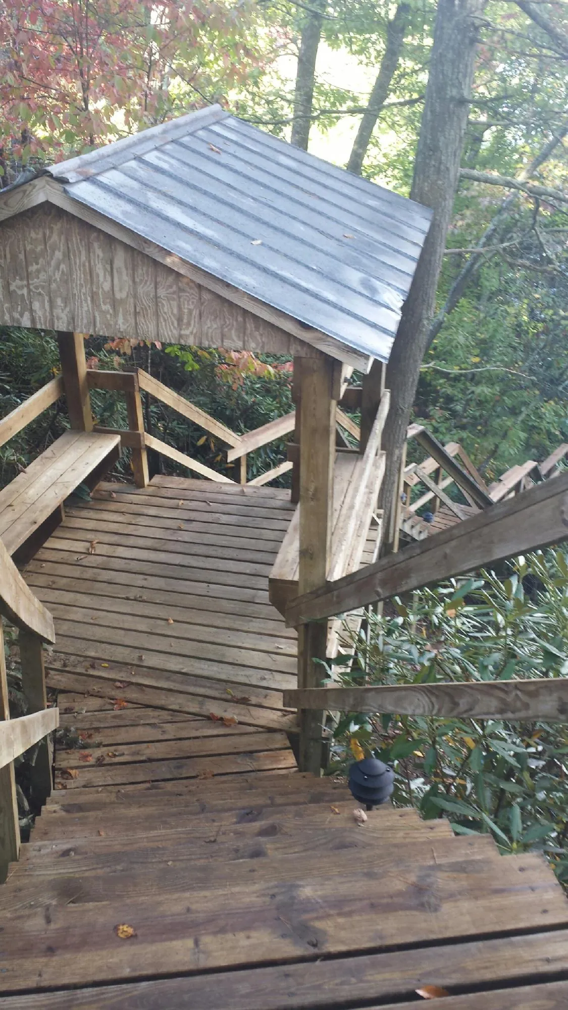 Metal roofed shelter over wooden steps on a wooded walkway — Skylight Repair & Installation work by our crew in Putnam